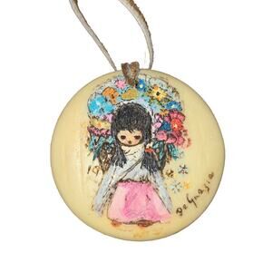 Vtg 70s Boho Ted DeGrazia Painted Etched Pendant Necklace Girl Flowers Signed